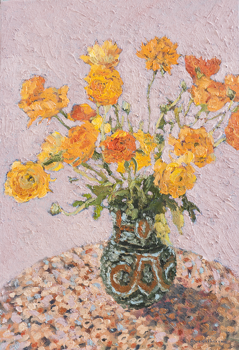 Orange Flowers in Turquoise Vase 40x55cm